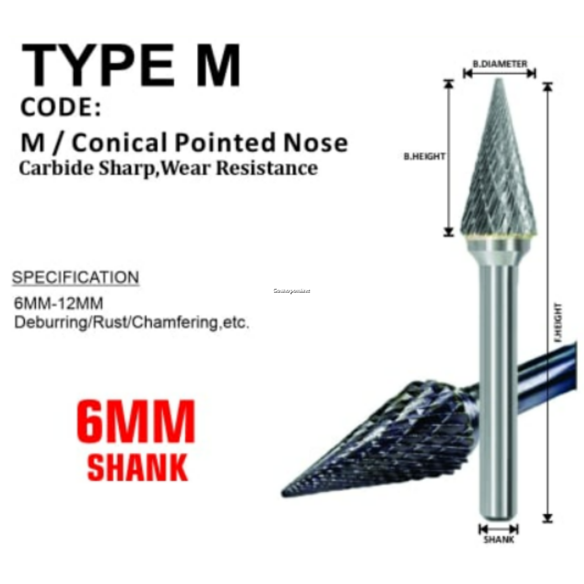 Mr Bison Rotary Burr Type M/ Conical Pointed Nose (6mm Shank)