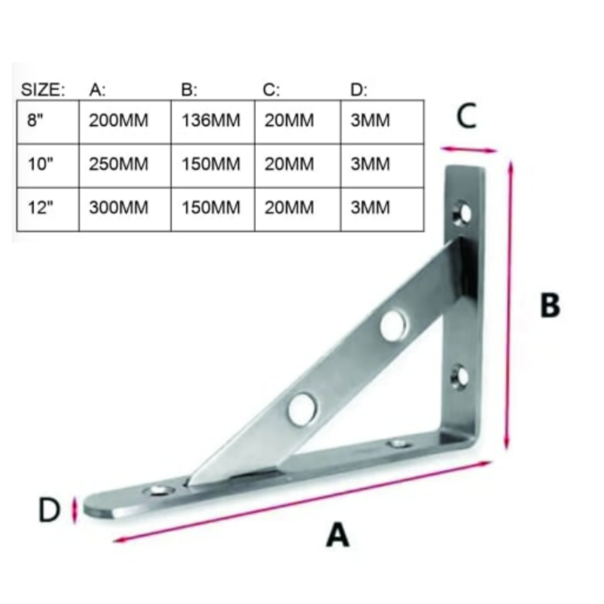 Stainless Steel LBracket 8"/ 10"/ 12"