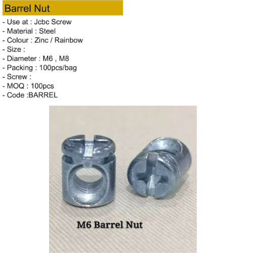 Barrel Nut M6, M8 100pcs/pack (Preorder, contact us)